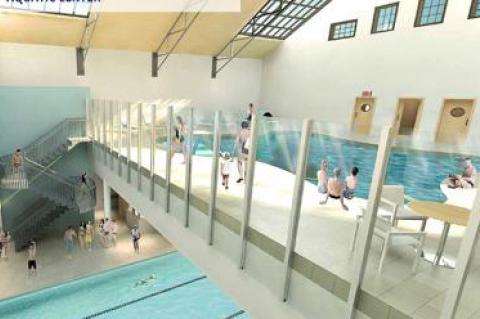 The latest design for the Montauk Playhouse’s aquatics center includes pools on two levels.