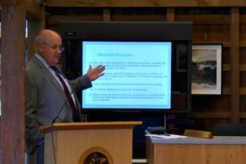 Tom Ruhle, who heads the East Hampton Town housing office, spoke Tuesday about steps that could increase the availability of reasonably priced apartments for year-round residents.