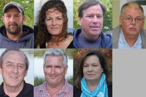 Seven of the nine East Hampton Town Trustees are seeking re-election for new two-year terms. Clockwise from top: Nat Miller, Deborah Klughers, Sean McCaffrey, Tim Bock, Diane McNally, Brian Byrnes, Bill Taylor.