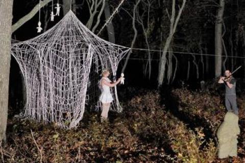 Aino Ihanainen performed in the woods outside the Watermill Center while Alexander Weibel played a haunting violin.