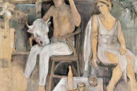 “Two Players” by Susan Ecker has references to classicism and postmodernism refracted through the lens of Picasso and Morandi.