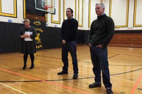 From left, Lois Favre, the Bridgehampton School superintendent, and Orson and Ben Cummings spoke with parents about the documentary the brothers are working on about the Bridgehampton boys basketball team, as well as academics, the history of the community, and hot-button issues that are relevant to this area.