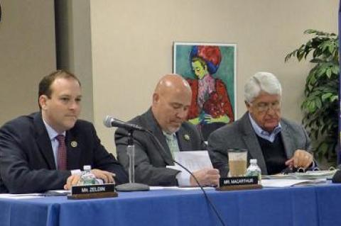 Representative Lee Zeldin, left, and members of the House Committee on Natural Resources convened in Riverhead on Monday for a field hearing on restoring Atlantic fisheries.