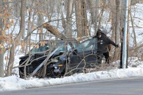 The driver of a Saab that crashed into trees along Old Stone Highway in Amagansett on Monday was arrested on suspicion of driving under the influence of drugs.