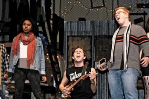 Ciara Bowen, left, Nick Pucci, and Gage Reimboth-Lynch got into character during rehearsals for East Hampton High School’s production of the rock opera “Rent.”