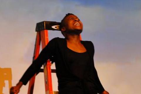 A ladder is used as a shelter and then a place of torture for LaWanda Hopkins, who plays the title role in Kate Mueth’s interpretation of “Andromeda.”