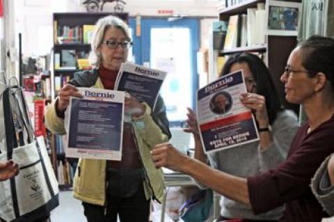 In advance of New York’s presidential primary, Camille Perrottet and other supporters of Bernie Sanders gathered for a canvassing training session at Canio’s Books in Sag Harbor Saturday.