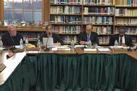 From left, Tim Frazier and Liz Mendelman, the Springs School Board vice president and president, both voted to adopt the proposed 2016-17 budget after John J. Finello, the superintendent, and Carl O. Fraser, the interim business administrator, briefed the board on Monday.