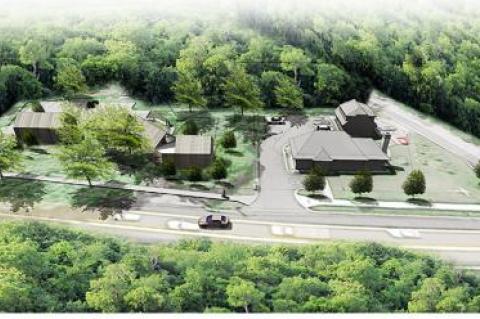 An architectural rendering shows the buildings proposed for the corner of Sayre’s Path and Montauk Highway in Wainscott. They would replace two 1950s-era model homes on the property now.