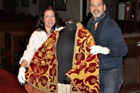 Jill Lasersohn and Charles Keller gingerly handled a large Italian velvet kermes dyed cope dated to about 1420 to 1430.