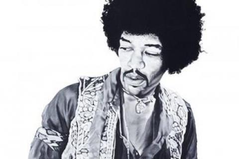 “Jimi,” an acrylic painting by Adoni Astrinakis depicting the irrepressibly cool Jimi Hendrix, is a standout piece in “The Golden Age of Rock ’n’ Roll.”