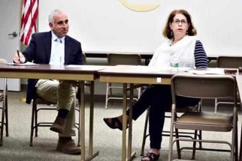 Supervisor Jay Schneiderman laid out his idea for increasing pedestrian safety, while keeping traffic moving through downtown Bridgehampton, at a citizens advisory committee meeting on Monday night. Pamela Harwood, the chairwoman, looked on.