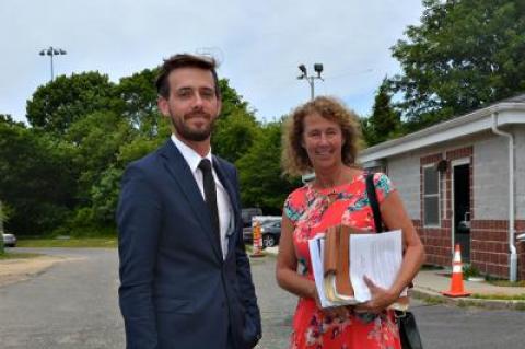 Julien Bizalion, director of operations at the Surf Lodge, with Tina Piette, the attorney who represented the resort in East Hampton Town Justice Court, where five noise violation charges were dismissed Monday.