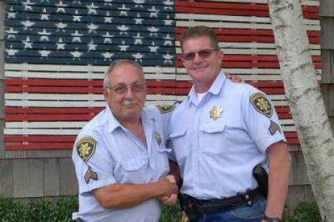 Sgt. John Whitehead and Sgt. Owen O’Neill of the Suffolk County Sheriff’s Department oversaw a labor crew from the county’s Riverhead correctional facility at the American Legion Hall in Amagansett. Sergeant Whitehead retired yesterday, and Sergeant O’Neill has assumed his role.