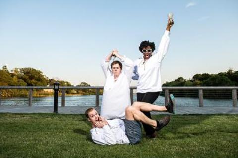 The cast of “The Complete Works of William Shakespeare, Abridged,” from left, Rafe Terrizzi, Ian Harkins, and Shannon Harris, horsed around by Lake Agawam.