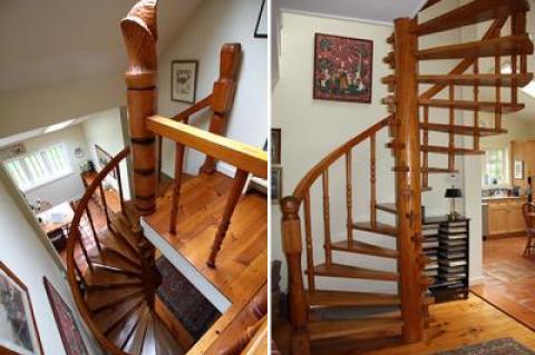 From left: The newel post at the second floor landing shows Hans Hokanson’s chiseling and carving skill. The whole staircase can be seen in the round now that a wall between the living room and kitchen was removed.