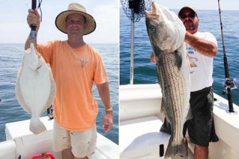 Capt. Tom Federico, right, hauled in this striper by Great Eastern Rock on Aug. 9 fishing aboard his boat, the Surfmaster. It was 46 inches long and weighed between 35 and 40 pounds.