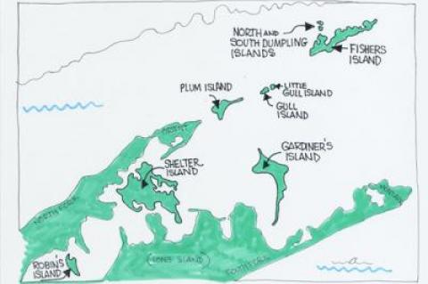 The Long Island archipelago includes, from west to east, the smaller Robin’s Island, Shelter Island, Plum Island, Gardiner’s Island, Big and Little Gull Islands, Fishers Island, North and South Dumpling Islands, and Wicopesset Island (not pictured).