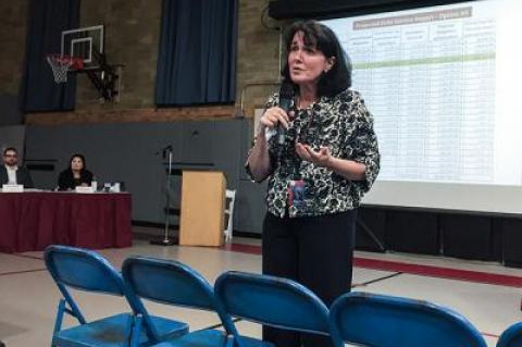 Katy Graves, the Sag Harbor School District superintendent, pictured here during a school event in March, received a one-year contract extension on Monday.