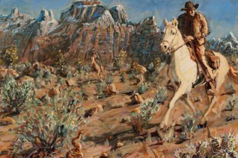 “Riding Past Zion,” from Jim Gingerich’s “Out West” series, features Lucy, the white horse the artist rode while in Utah, and a landscape with “a lot of warm tones and verticality.”