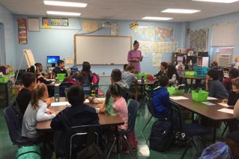 The Springs School’s fourth grade has 75 students and average class sizes of 25. Above, Beth Scammell, with her fourth-grade class.