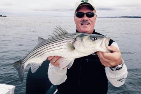 Weather put a damper on fishing last week, but Dr. Arthur Boshnack still managed to snag a decent-size striper from Gardiner’s Bay.