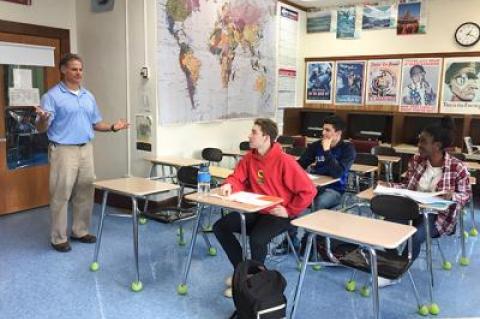 John Reilly, a Bridgehampton School teacher, has dedicated much classroom time to discussing the presidential election with his students, including, from left, Max Cheng, Raymond Maldonado, and Nia Dawson.