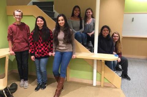 Members of the East Hampton Library’s teen advisory board, including, from left, Wells Woolcott, Ashley Simons, Samantha Dossantos, Jackie Chuya, Taylor O’Neil, Gaby Arevalo, and Raquel Burns, helped design the library’s new young-adult room.