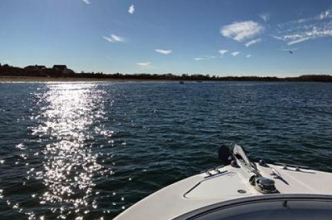 Several small boats congregated in a cove west of Orient Point, where striped bass were pressing their prey against the beach.