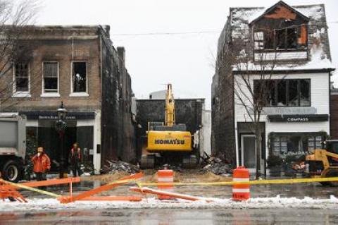 By Saturday the Sag Harbor Cinema’s lobby, including the RJD Gallery, had been demolished, leaving a hole on Main Street. The Compass building, to the right, was taken down on Monday.