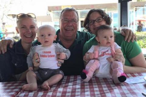 The Montauk Friends of Erin St. Patrick’s Day Parade is sure to be a family affair. Eddie Ecker, center, will lead. He is pictured with his daughters, Kari Shea, left, and Karli Pena, with their children, Ronan Shea, left, and Zelda Pena, who were born 24 hours apart last January.