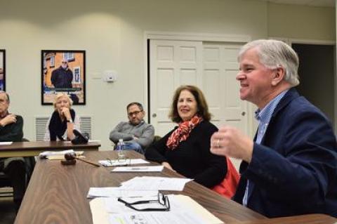 Assemblyman Fred W. Thiele Jr. is pushing Southampton Town to file an application for $700,000 for pedestrian and traffic safety improvements in Bridgheampton. At a Bridgehampton Citizens Advisory Committee meeting Monday, Sybille van Kempen, at left, whose mother, Anna Pump, was killed crossing Montauk Highway in Bridgehampton in 2015, listened.