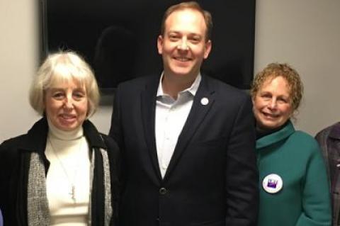 Representative Lee Zeldin, pictured at a meeting last week with Judi Roth, Carol Mellor, and other members of the League of Women Voters of the Hamptons, held a telephone town hall conference call with constituents last Thursday.