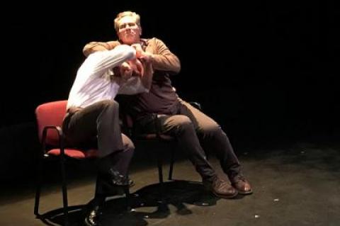 Joe Pallister and Edward Kassar portray two Chicago policemen whose friendship is under stress in the play “Steady Rain,” at Guild Hall through Sunday.