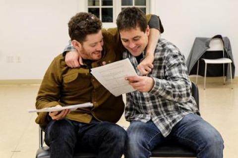 Sawyer Spielberg, left, and Eric Svendsen seemed to be having more fun in rehearsal than their characters do in “Extinction.”