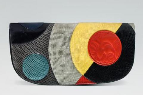 Above, a painting by Sonia Delaunay, below, fuchsias, and asparagus inspired three of the unique handbags by Judith Leiber, now on view at the Museum of Arts and Design.