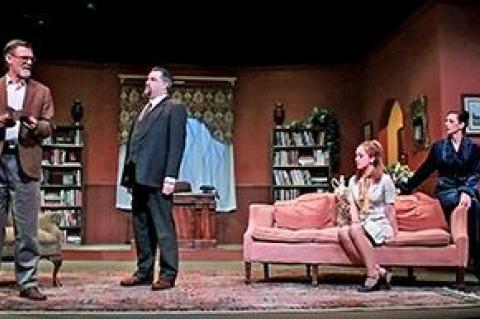 Matthew Conlon, James M. Lotito Jr., Amanda Griemsmann, Rebecca Edana, and Jesse Pimpinella star in Bernard Slade’s whodunit “An Act of the Imagination” at the Hampton Theatre Company.