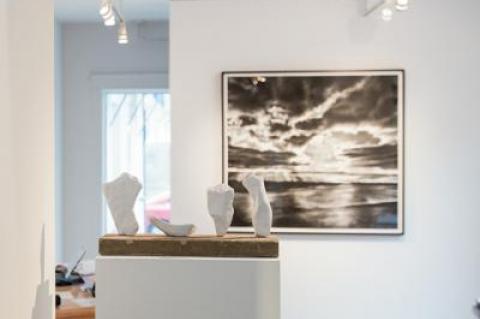 From left, works by Ned Smyth and April Gornik in the “Black and White” exhibition at the Tripoli Gallery.