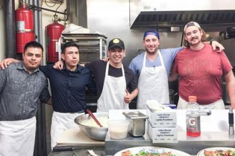 Those working in the kitchen for the five-course dinner featuring food from the countries covered by the Trump administration’s travel ban had origins as close as New York City and as far away as Ecuador and Mexico. They were, from left, Miguel Solano, Leo Cordova, Fabian Juela, Jeremy Blutstein, and Andrew Mahoney.