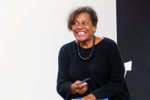 Carrie Mae Weems enjoyed a light moment before the presentation of “Grace Notes: Reflections on Now” at the Watermill Center.