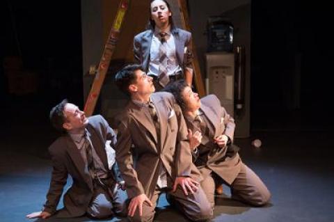 The four actors in “Angry Young Man” portray the same character, Youssef, as well as all the other characters in the play. Kneeling, left to right: Christopher Daftsios, Max Samuels, and Rami Margron. Standing: Nazli Sarpkaya.