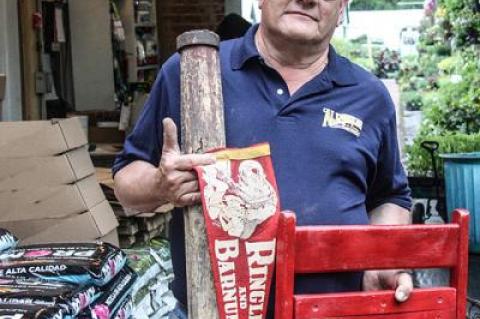 Donald Horowitz collects circus memorabilia, including a circa 1950s pennant and chair from Ringling Bros. and Barnum & Bailey Circus, and a tent stake he believes dates to the 1930s.