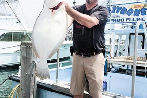 John Lombardo of Poughkeepsie, N.Y., landed this nine-pound fluke on the Lazybones on Sunday morning. It was, by all accounts, the largest fluke landed so far this season out of Montauk.