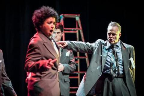 Rami Margron, Max Samuels, and Christopher Daftsios, from left, star with Nazli Sarpkaya (not pictured) in “Angry Young Man” at Guild Hall.