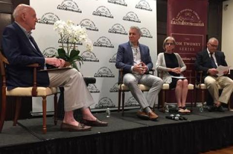 This is not a good time to sell your house, a panel of top Hamptons real estate brokers agreed last week. From left, Jim Oxnam, the moderator, John Gicking, Diane Saatchi, and Peter Turino.