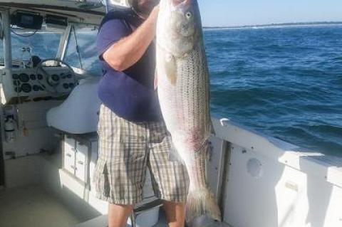 Sam Doughty of East Hampton caught this 37-pound striped bass on Sunday during the Montauk Mercury Grand Slam Tournament.