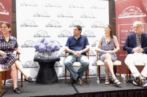 Amy Zavatto of the Long Island Merlot Alliance, left, interviewed the winemakers Kareem Massoud of Paumanok Vineyards, Kelly Urbanik Koch of Macari Vineyards, and Roman Roth of Wolffer Estate Vineyards last Thursday at the East Hampton Library.