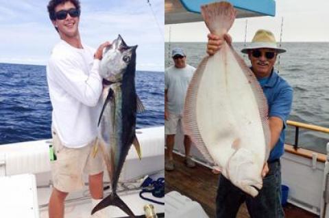 Left, Andy Zuccitti of East Hampton hoisted a 50-pound bluefin he caught south of Montauk last week. Right, Ole Olsen snagged a 14.52-pound fluke on the Ebb Tide II