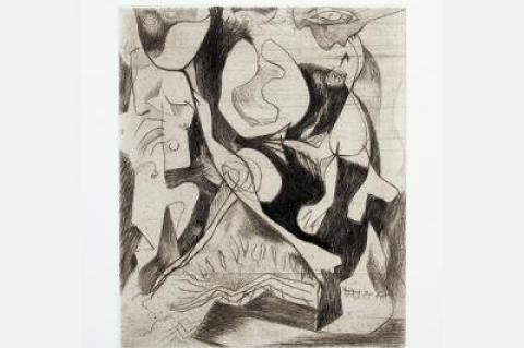 The disjointed body parts and other forms in this untitled engraving from about 1944 are similar to the vestiges of figures in Jackson Pollock’s paintings and drawings of the same period.