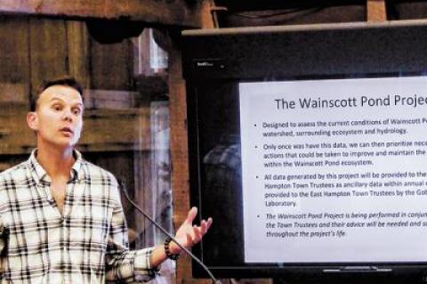 Christopher Gobler of Stony Brook University’s School of Marine and Atmospheric Sciences described the water quality research he plans for Wainscott Pond to the East Hampton Town Trustees.